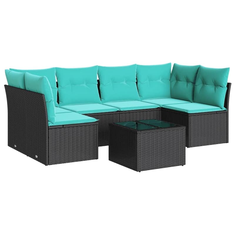 vidaXL 7 Piece Patio Sofa Set with Cushions Black Poly Rattan - 92.1x27.2x48.8-With table
