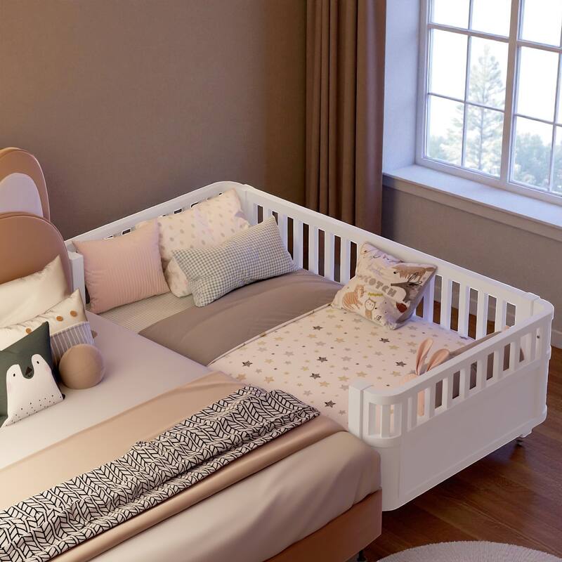 Wood Twin/Full Size Platform Bed with Safety Rails, Low Profile Kids Bed Frame for Girls and Boys