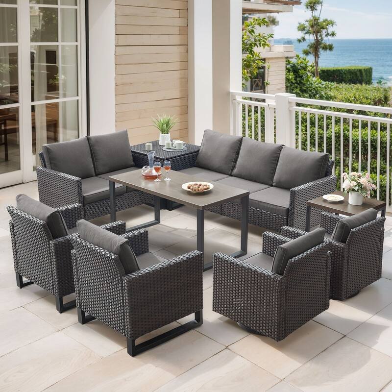 Gymojoy 9 Person Outdoor Courtyard Wicker Family Conversation Set Group With Swivel Chairs And Storage