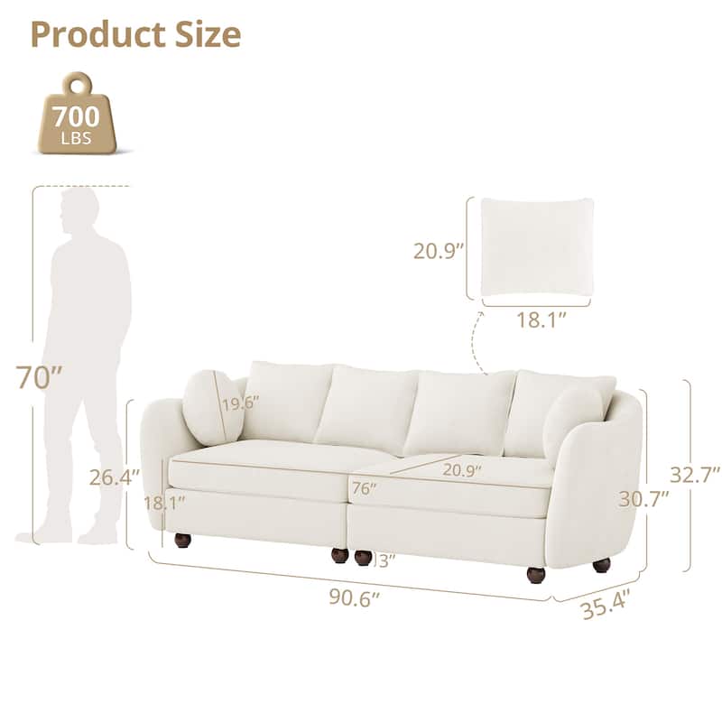 90.6" Chenille Upholstered Sofa with 6 Pillows, Modern 3-Seater Sofa Couch for Living Room Bedroom Apartment, White