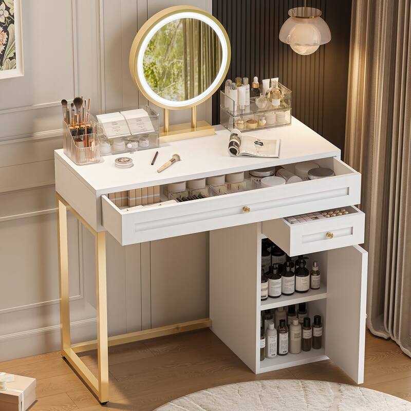 31.5" Makeup Vanity Desk with Lighted Mirror, Dressing Table with 2 Drawers and 1 Cabinet