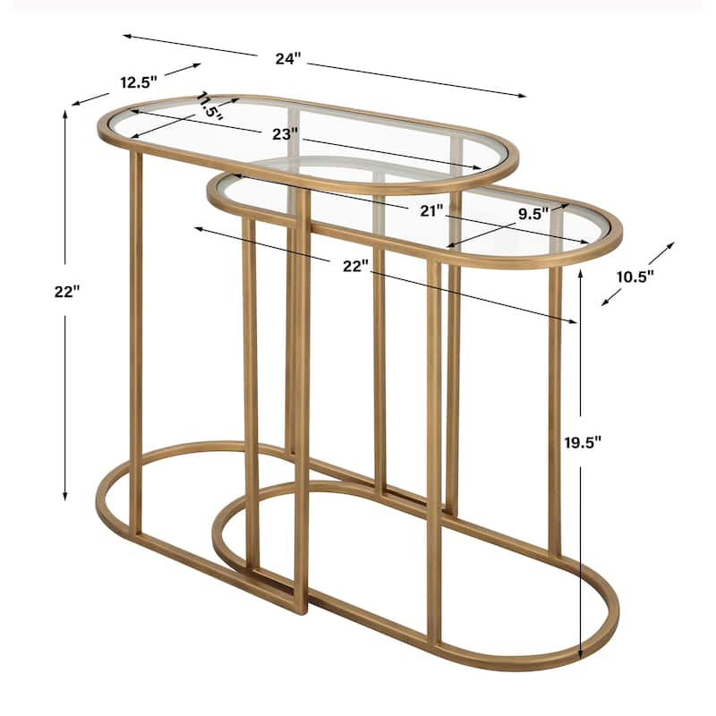 Antique Brushed Brass Nesting Tables, Set of 2 - 24"W x 22"H x 12.5"D