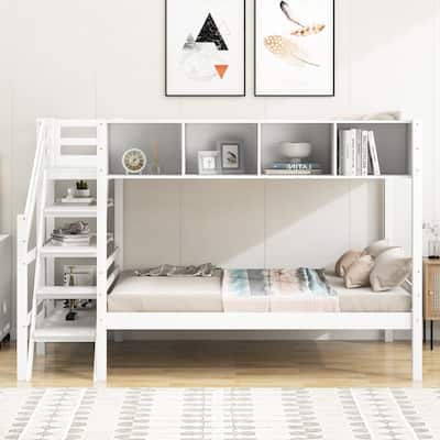 Twin over Full Bunk Bed with Staircase and Built-in Storage Cabinets White/Grey