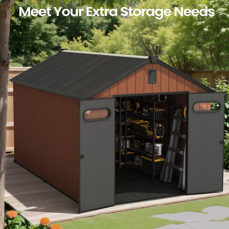 8X12 FT All-Weather Waterproof Plastc Outdoor Resin Storage Shed Windows Lockable Door with Floor for Patio Furniture and Tools