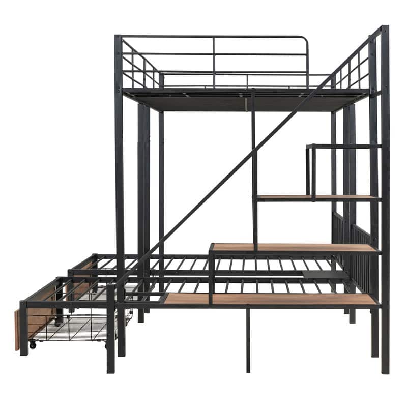 Full over Twin over Twin Metal Triple Bunk Bed with Drawers, Staircase