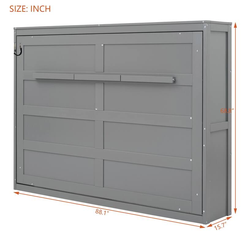 Full/Queen Size Murphy Wall Bed with Folding Cabinet, Piston Lift Mechanism, Slatted Base, Space-Saving Design