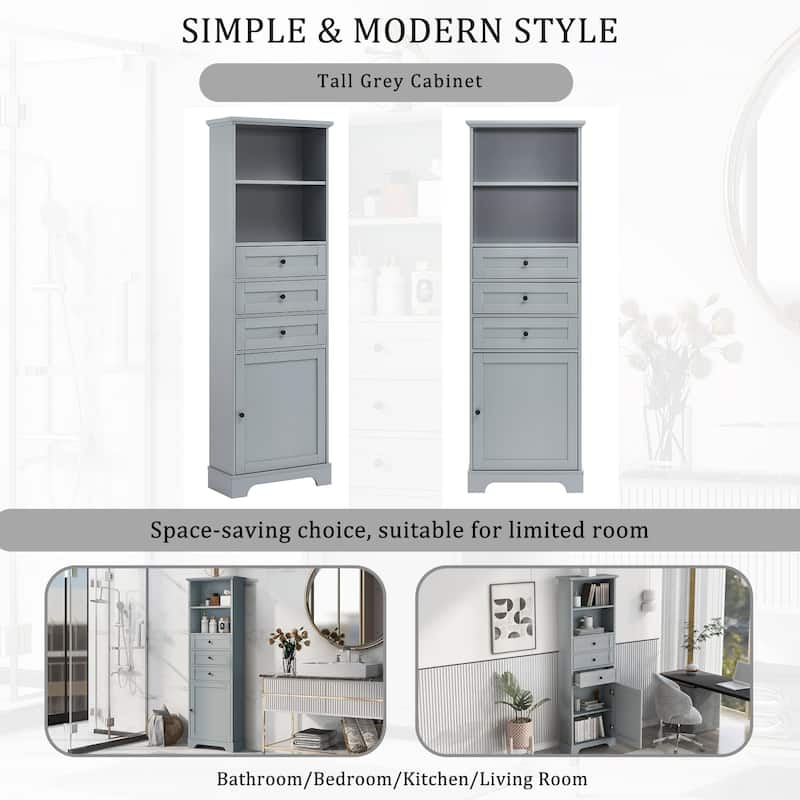 68" Tall Freestanding Bathroom Cabinet with 3 Drawers and Adjustable Shelves