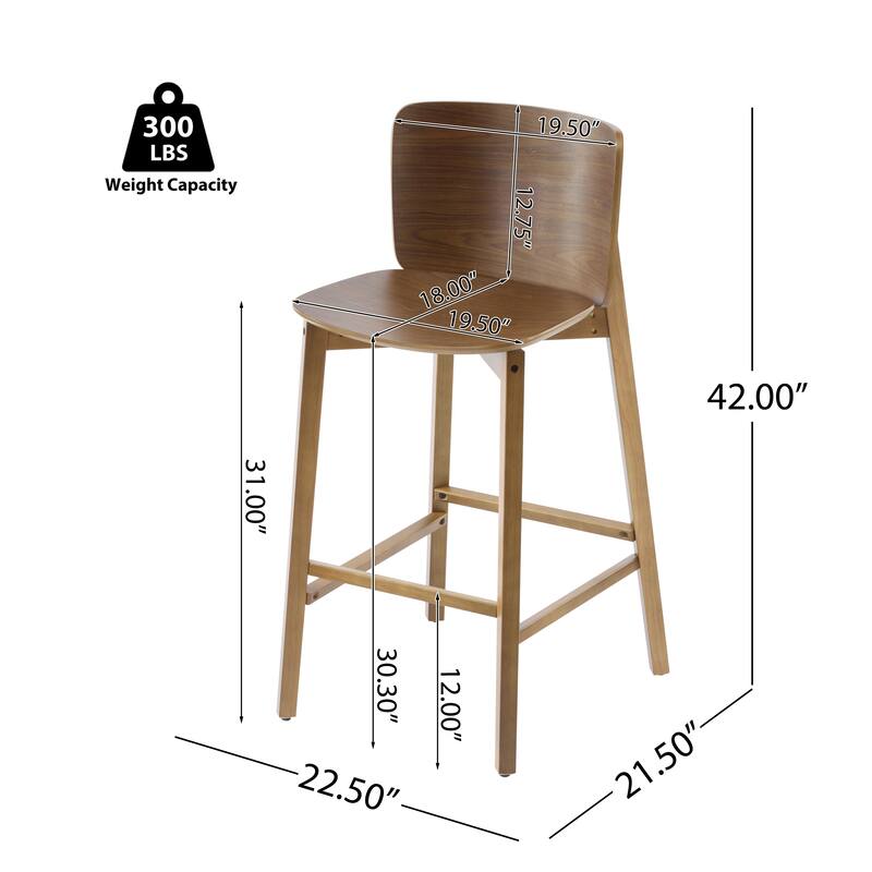Set of 2 Solid Wood Bar Stools with Ergonomic Curved Backrest and Seat