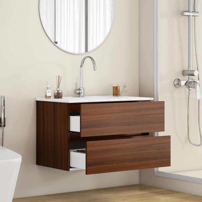 Wall-Mounted Walnut Bathroom Vanity with Double Drawers, Integrated Ceramic Sink, 32 Inch - 32 Inch