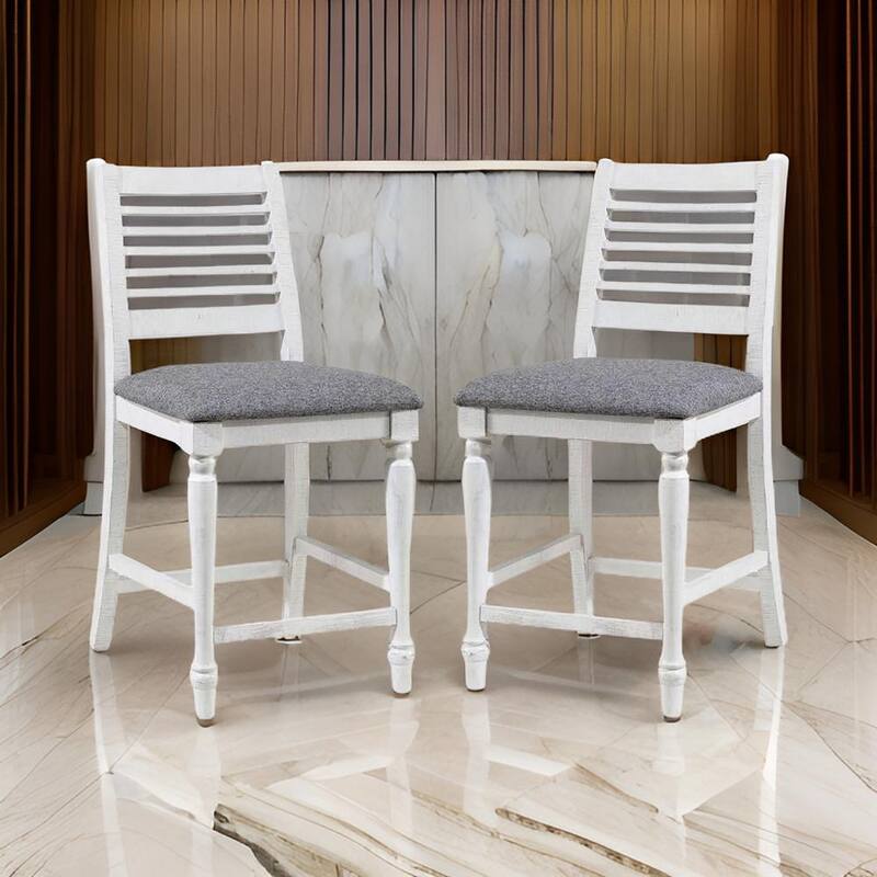 Wren 23 Inch Counter Height Chair Set of 2, Antique White Wood, Gray Seat