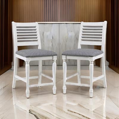 Wren 23 Inch Counter Height Chair Set of 2, Antique White Wood, Gray Seat