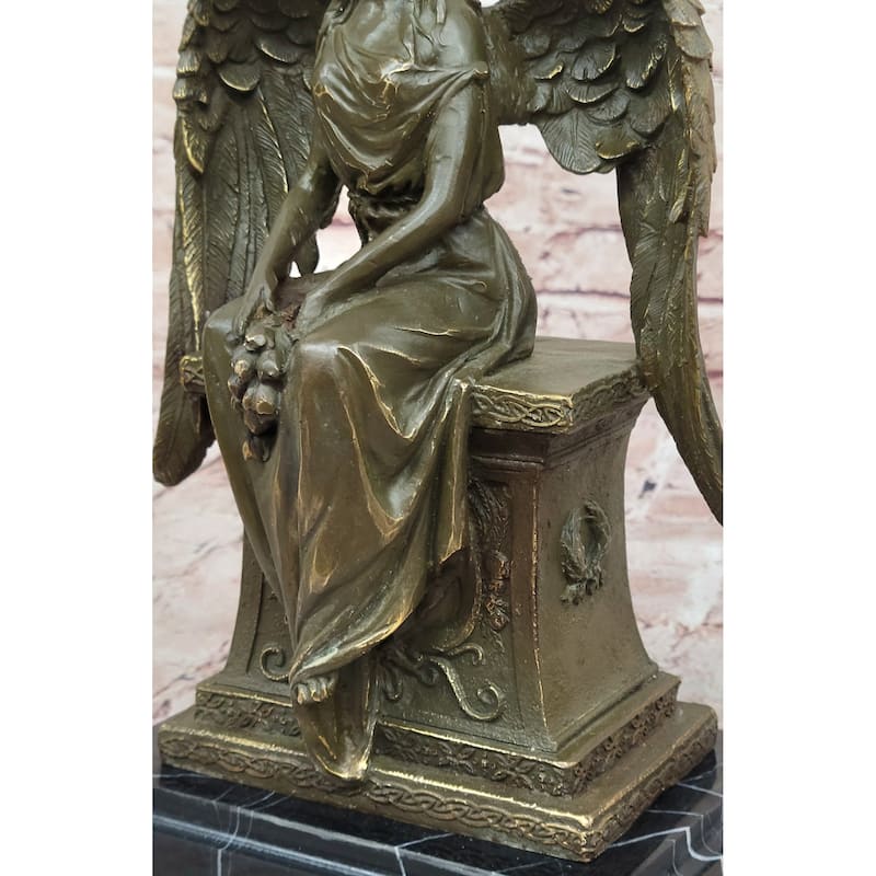 Seated Angel Bronze Sculpture By A. Moreau - Allegorical Guardian Angel Art