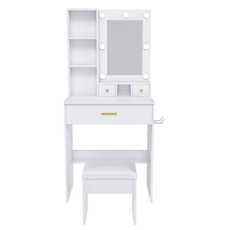 Vanity Table with Mirror & Adjustable LED Lights, Power Outlet, Hairdryer Holder & Stool
