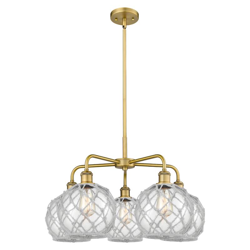 Innovations Lighting Endless Possibilities Ballston - Farmhouse Rope - 5 Light 27" Stem Hung Chandelier - Clear Glass with White Rope/Brushed Brass