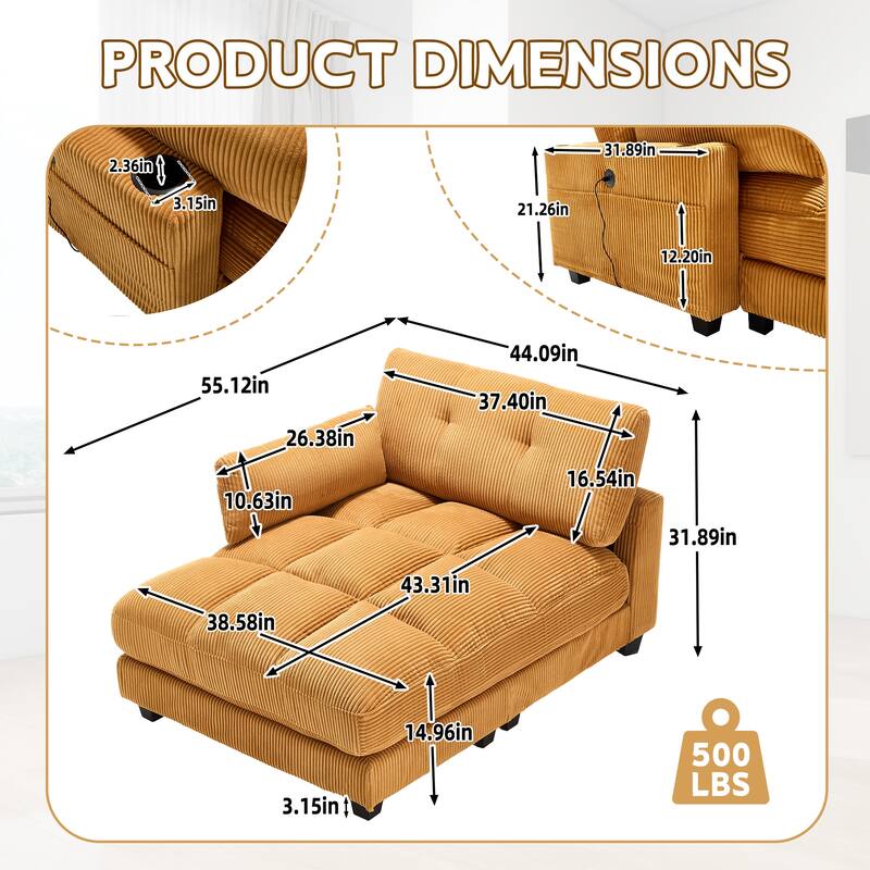 Oversized Corduroy Upholstered Single Chaise Lounge Sofa Couch Switchable Armrest with Cup Holders, USB Ports and Pockets