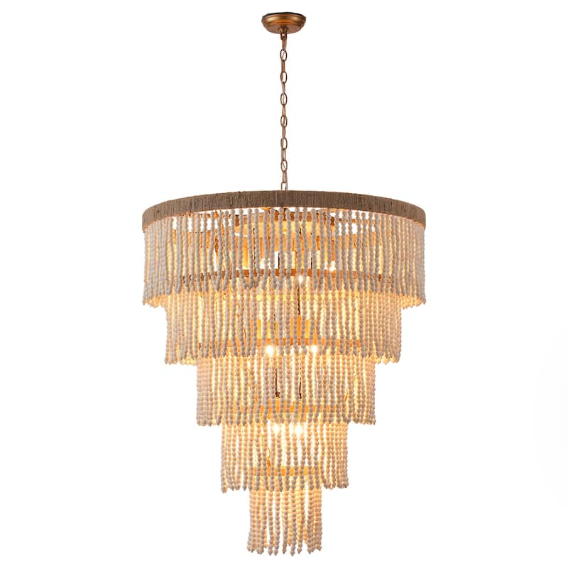 Bohemian Tiered Wood Beads Shade 9-Light Coastal Chandelier Light
