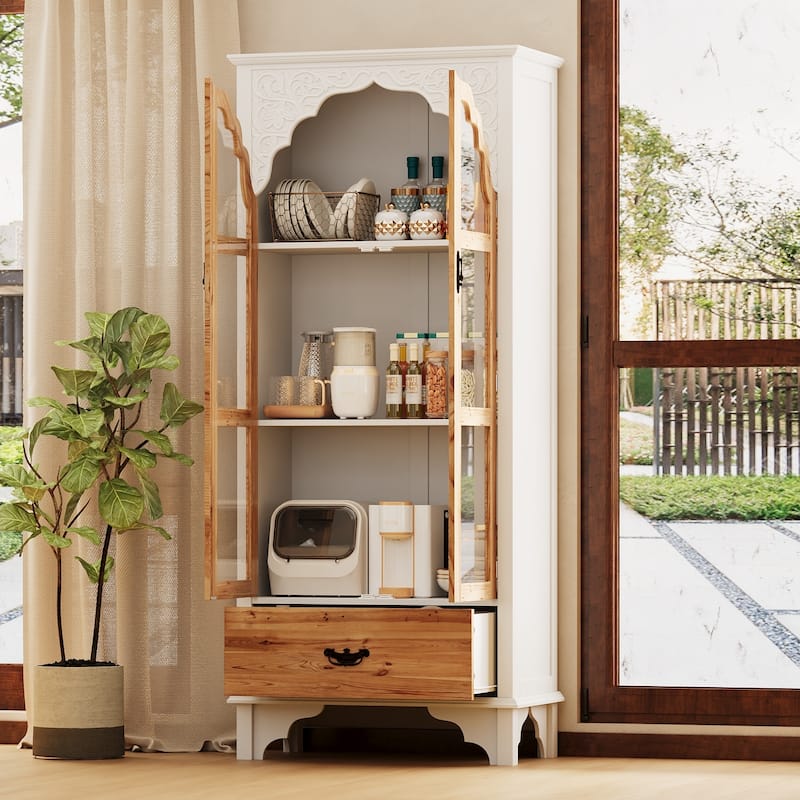 Oak Finish Fir Wood Wooden Curio Cabinet Display Storage Case Bathroom Cabinet Bookcase - 70.9"Hx31.5"W