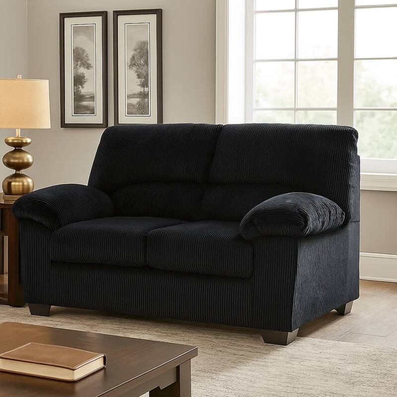 Simy Loveseat, 63 Inch Black Polyester Corduroy, Pillow Top Arms