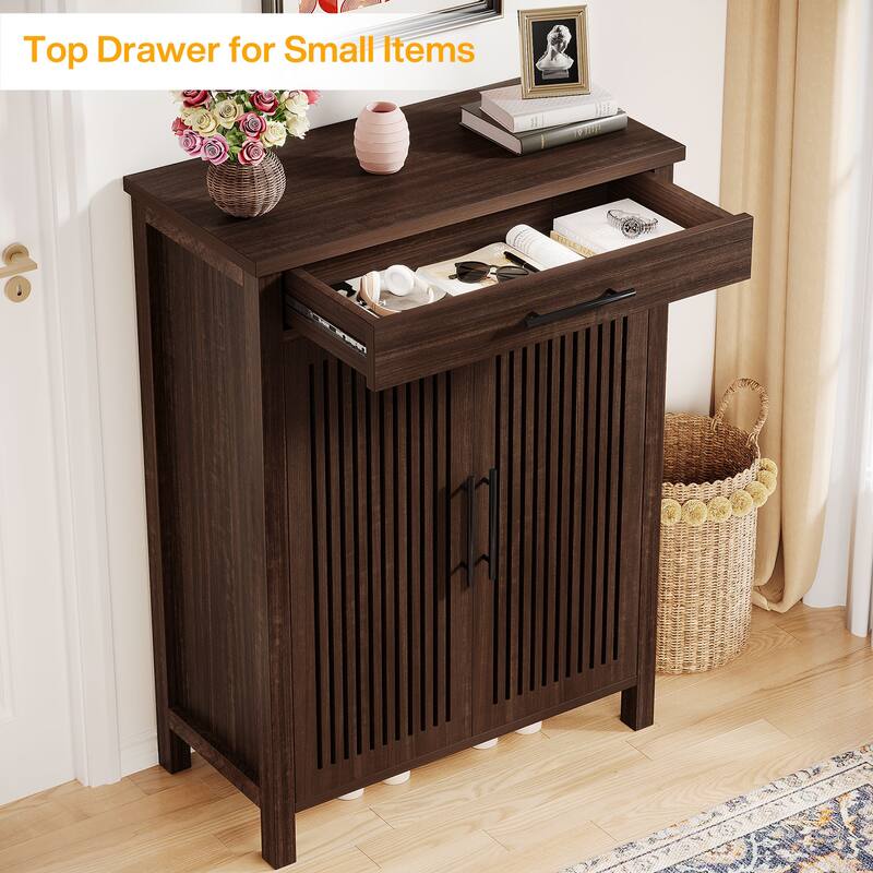Shoe Cabinet with Louvered Doors & Drawer, Freestanding Wooden Shoe Rack for Entryway