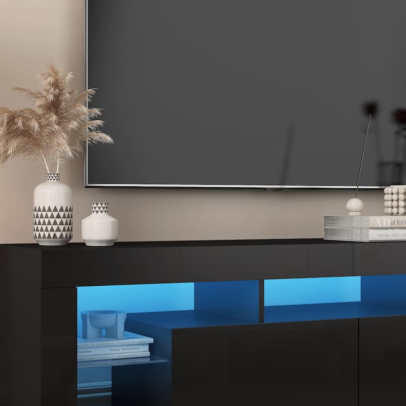 Black 63" TV Stand with LED Light, Open and Hidden Storage Spaces for TVs Up to 65"