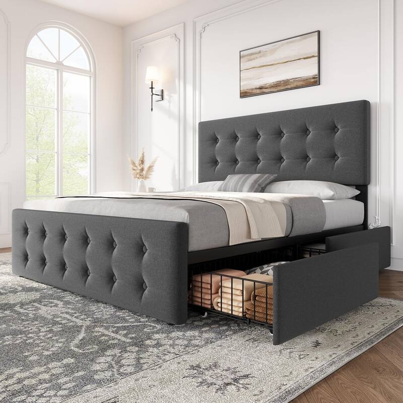 Upholstered Bed with 4 Drawers and Adjustable Button-Tufted Linen Headboard - Queen - Dark Grey