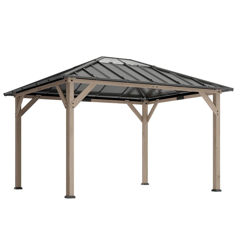 Outsunny 10' x 12' Hardtop Gazebo with Galvanized Steel Roof, Wood Permanent Pavilion Canopy Shelter with Clear Roof Top