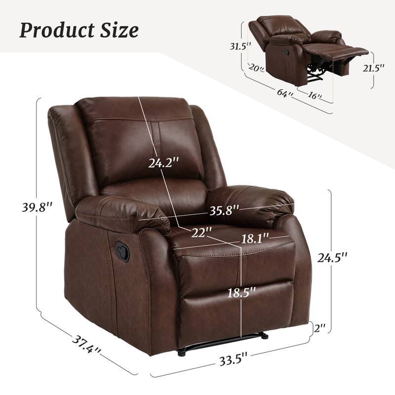 Faux Leather Recliner Sofa, Classic And Traditional Manual Recliner Chair With Comfortable Arms And Single Sofa For Living Room