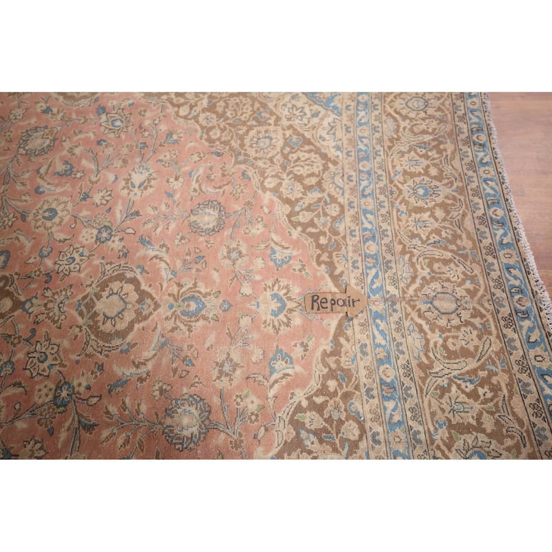 Distressed Mashad Persian Vintage Rug Hand-Knotted Pink Wool Carpet - 9'7"x 12'10"