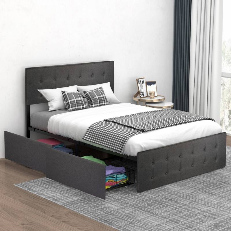 Full Size Upholstered Bed Frame with Adjustable Headboard