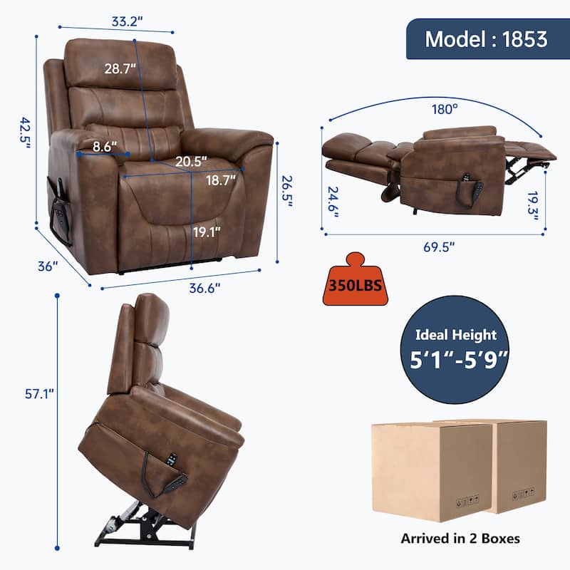 Roomfitters Dual Motor Power Lift Recliner 180 Flat Infinite Position Heat Massage Heavy Duty Leatherair Sofa
