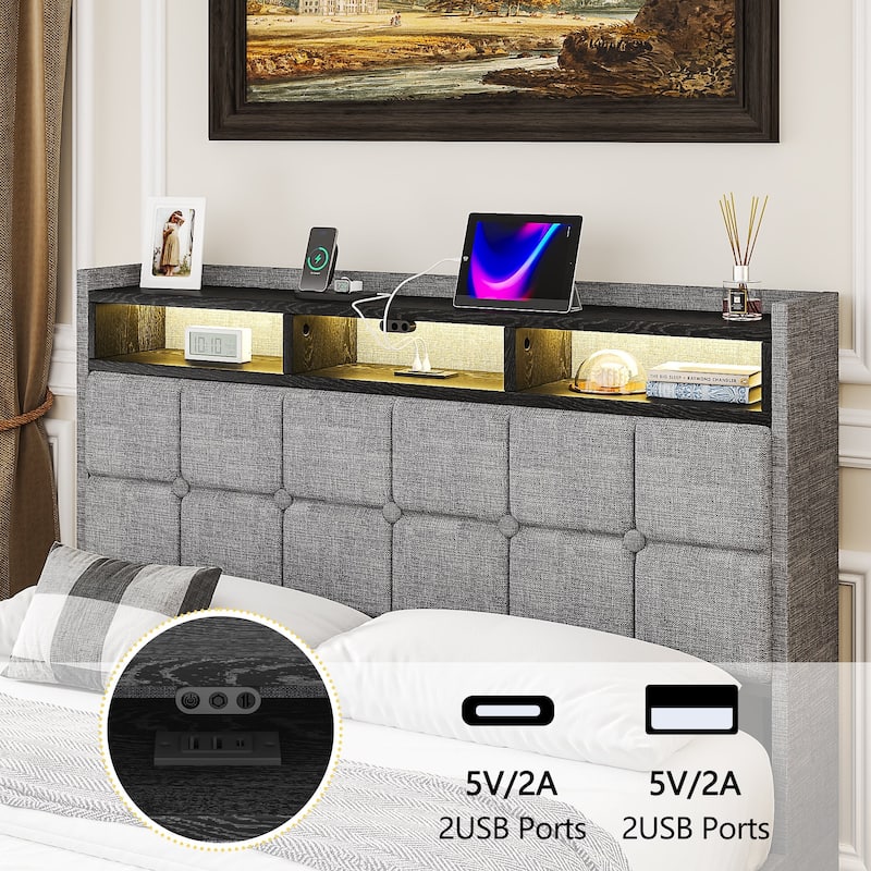 VECELO Lift Up Storage Bed Frame with LED Lights USB Charging Ports Hydraulic Platform 2-Tier Headboard Shelves Full & Queen