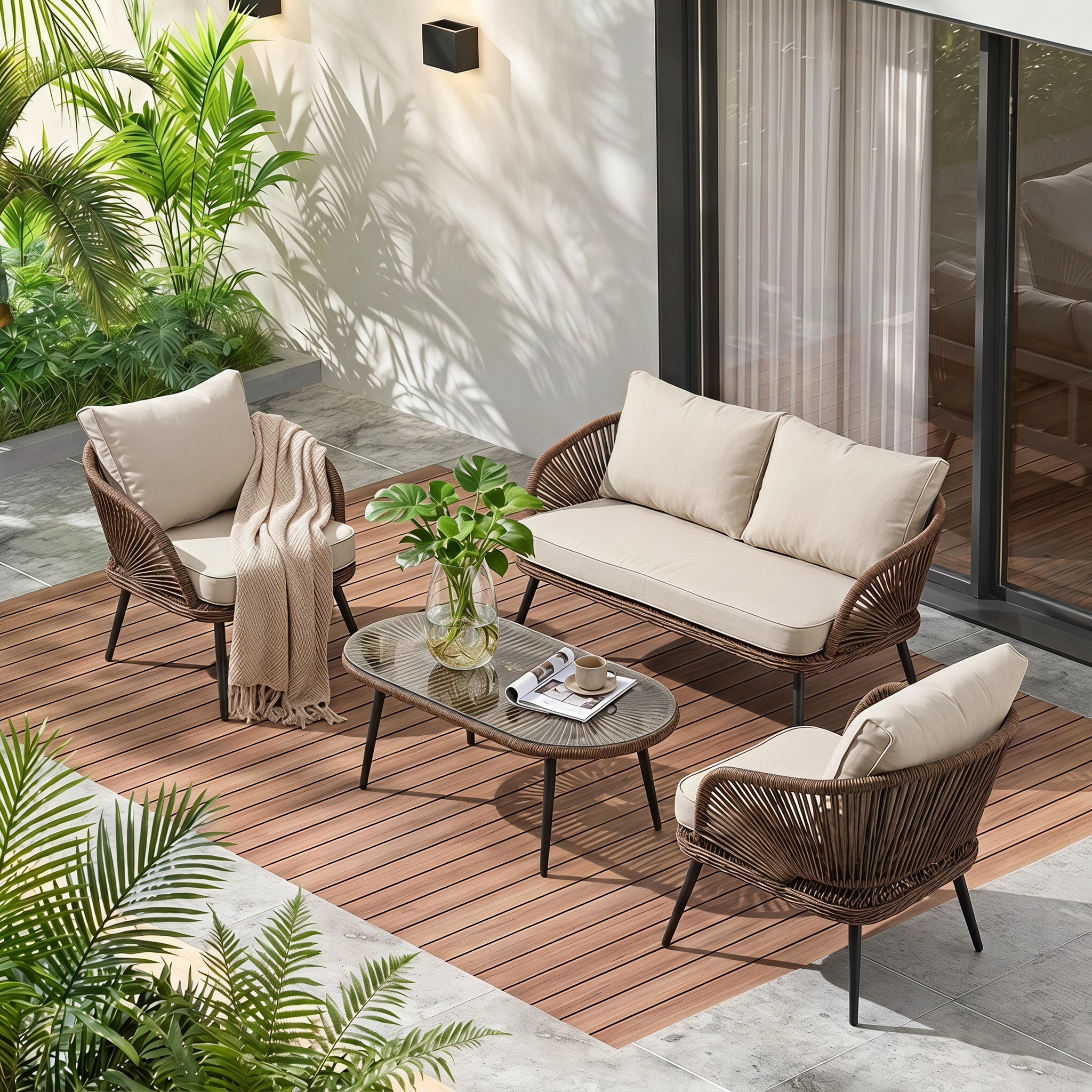 4-Person Outdoor Wicker Patio Conversation Seating Set with Coffee Table, Weather-Resistant Cushions