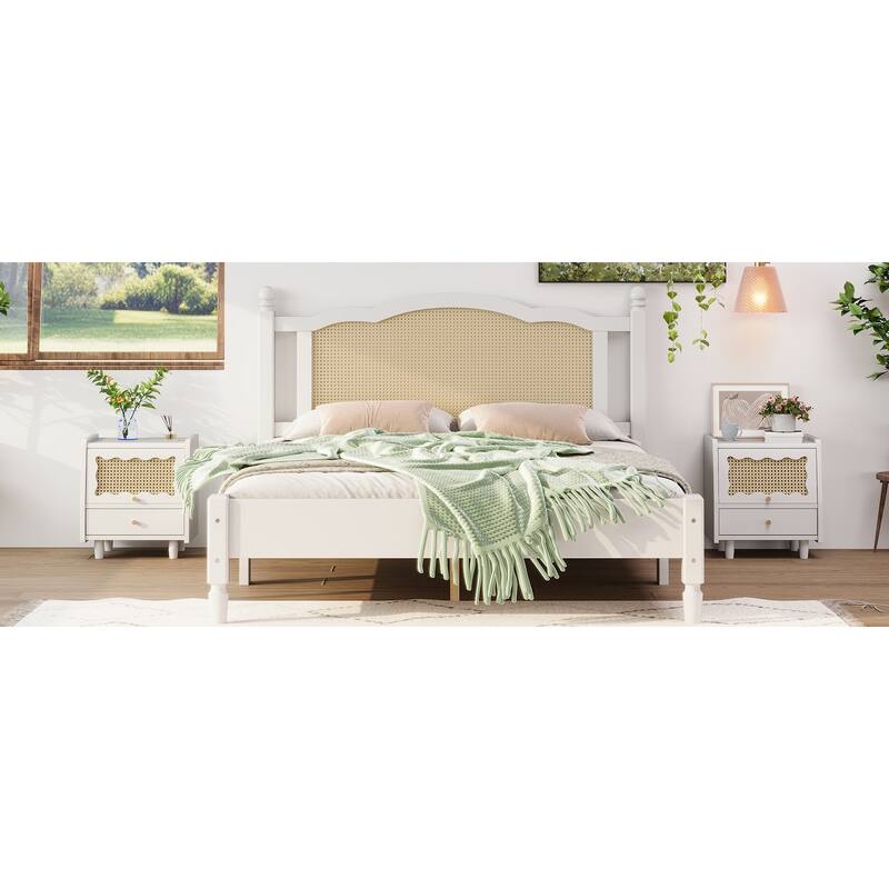 Wooden Platform Bed with Rattan Headboard Curved Wingback Bed Vintage Bed Frame Wood Slat Support Bed with Underbed Storage