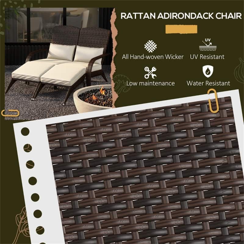 Mixed Rattan Adirondack Chair with Cushions, Footstools and Outdoor Use - 45.25" W x 32.25" D x 35.5" H