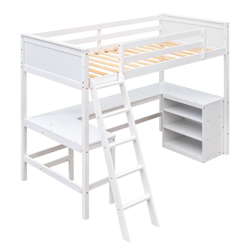 Roomfitters Twin Size Loft Bed with Desk and Storage Shelves, White