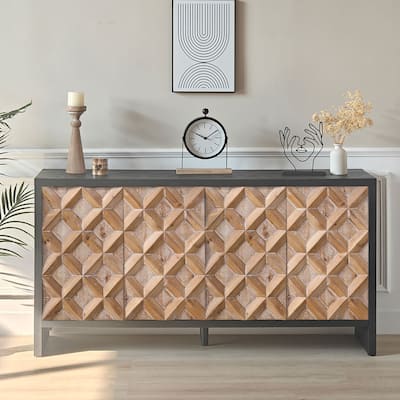 4-Door Buffet Sideboards Cabinet with Geometric Pattern - Modern Storage Cabinet