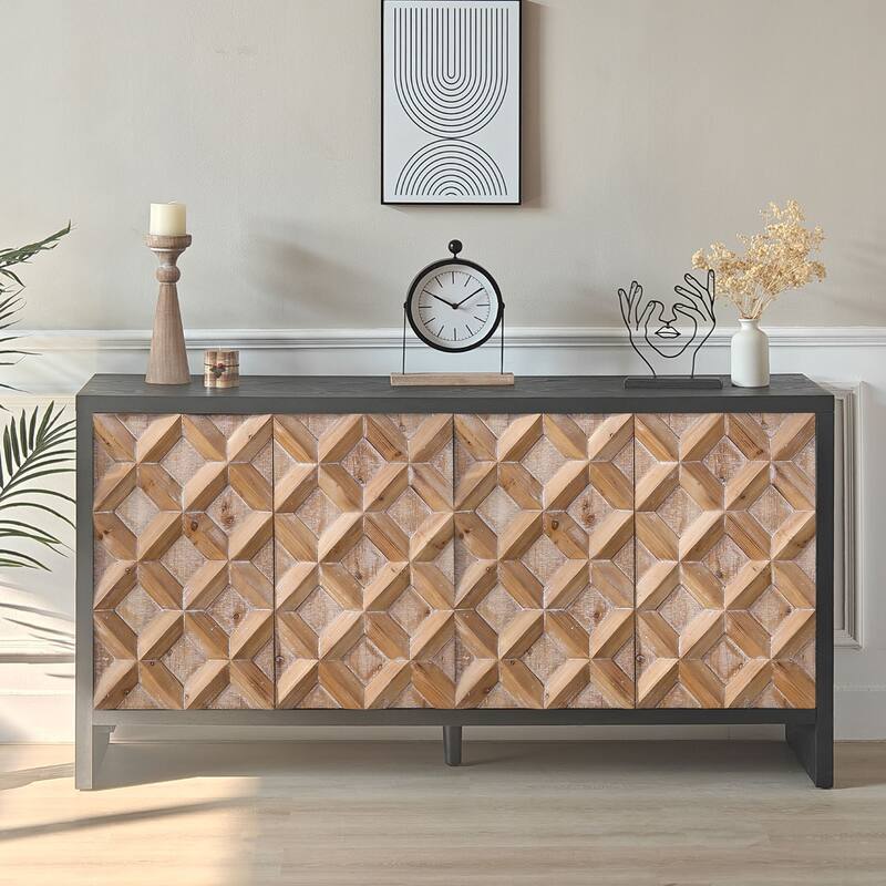 Rustic 4-Door Wood Storage Cabinet Buffets with Geometric Pattern,Adjustable Shelves Natural Wood Sideboard Cabinet - Black+Natural