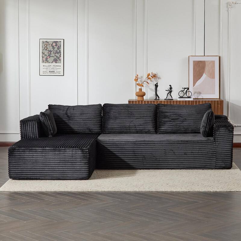 Compression Sectional Couch with Chaise L Shape Sofa Deep Seat Modular Sleeper for Living Room Bedroom Corduroy - Black
