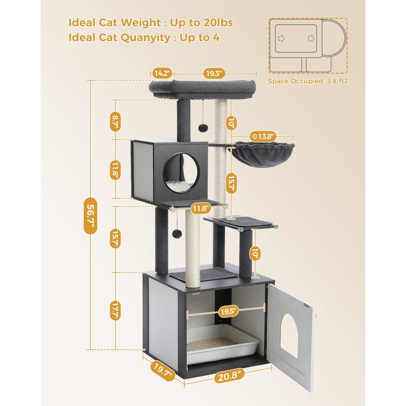 56.7" Cat Tree with Enclosure Large Litter Box, Cozy Cat Condo, Scratching Post and Repalcable Dangling Balls