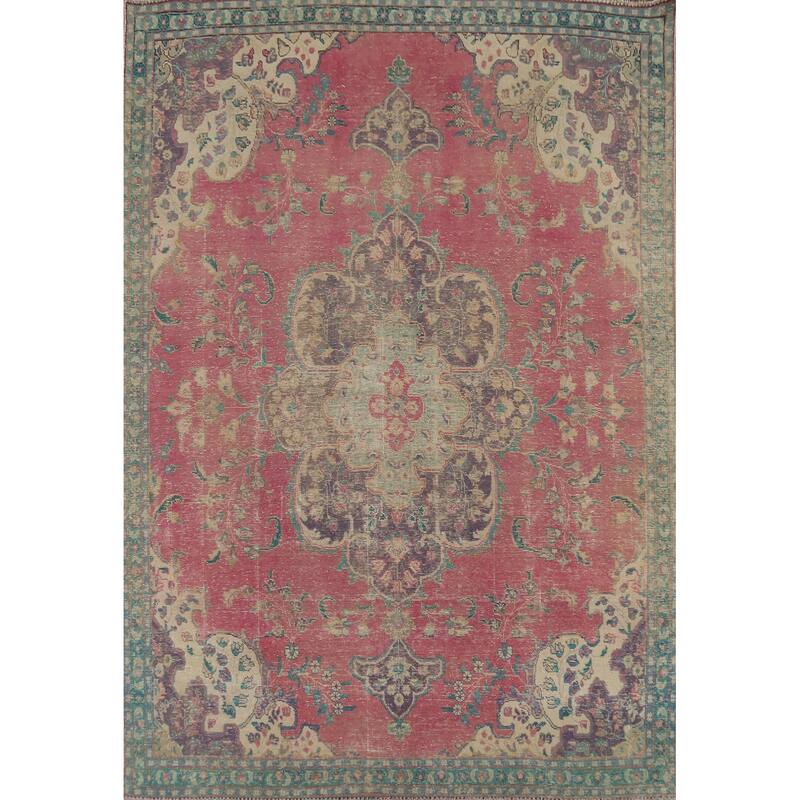 Pink Tabriz Persian Antique Area Rug Handmade Wool Carpet - 7'5"x 10'1"
