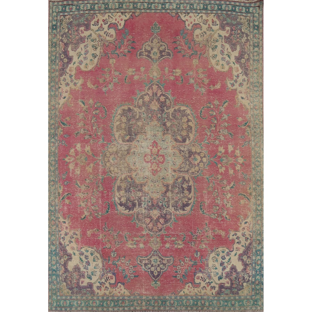 Pink Tabriz Persian Antique Area Rug Handmade Wool Carpet - 7'5"x 10'1"