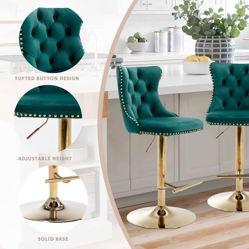 Velvet Upholstered Nailheads Tufted Swivel Bar Stools (Set of 2)