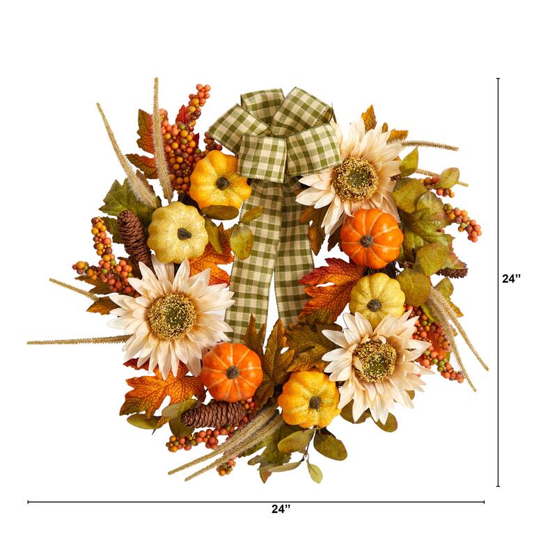 Sunflowers & Pumpkins Artificial Fall Harvest Wreath Ribbon, 24-Inch