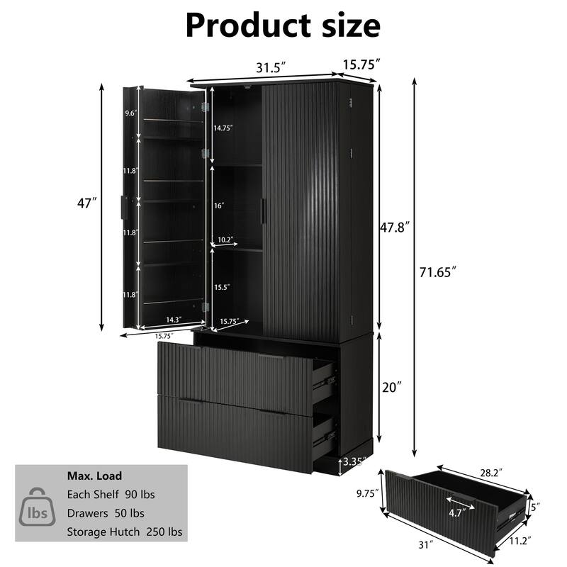Roomfitters 72" Tall Fluted Kitchen Pantry Cabinet with 2 Large Deep Drawers & 8 Door Spice Racks