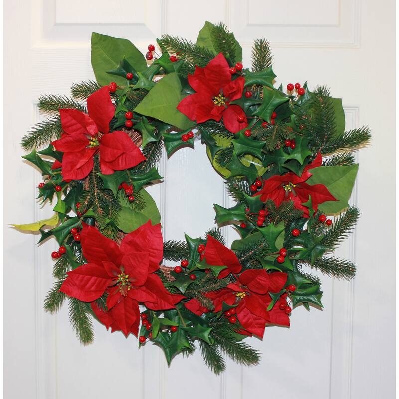 24" Poinsettia Wreath w/ Berries - Multicolor