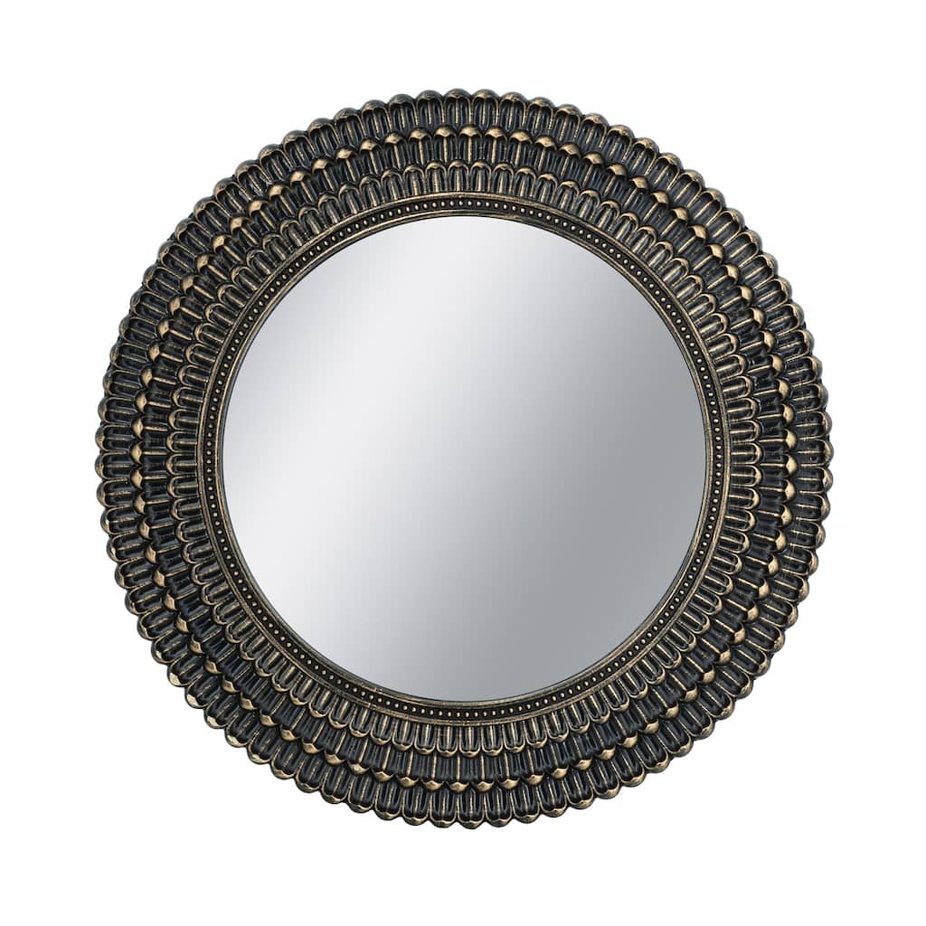 D26.5" Round Black And Gold Wooden Accent Mirror With Woven Texture - Black+Gold