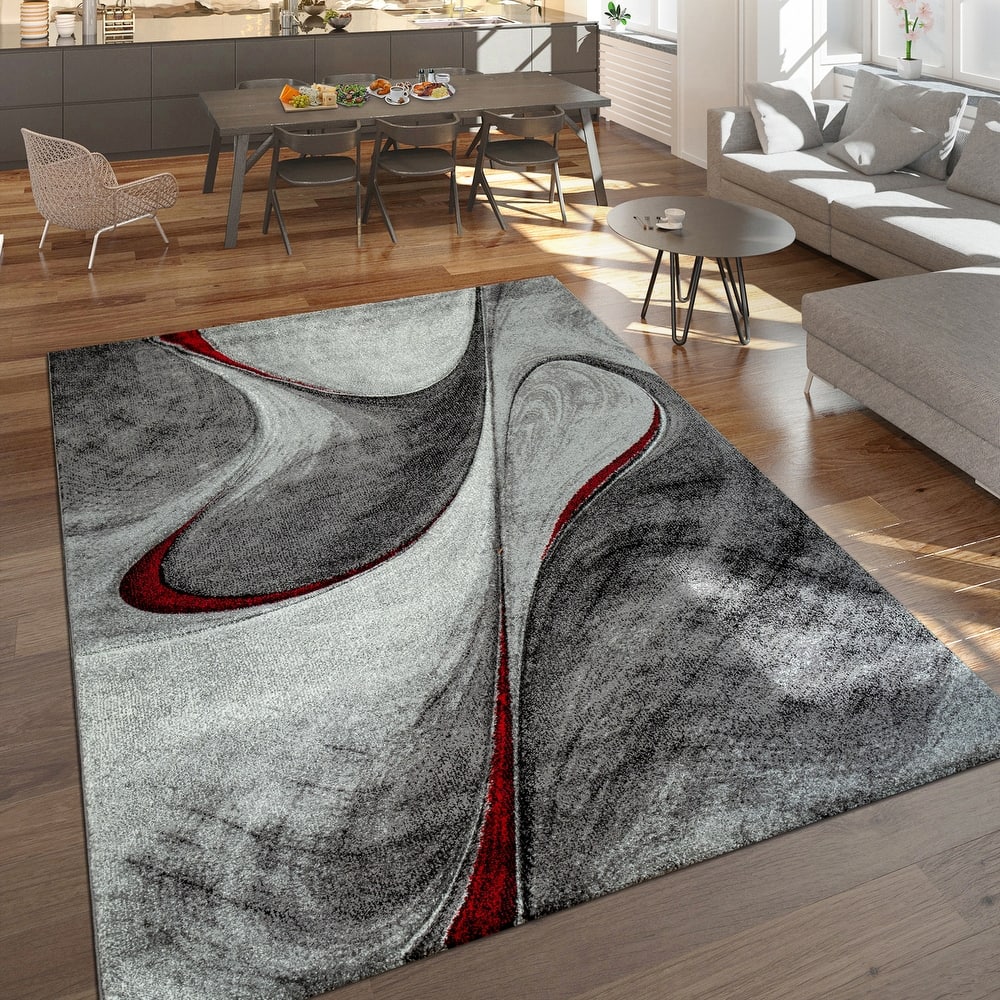 Grey Red Area Rug for Living Room Modern with Artistic Abstract waves