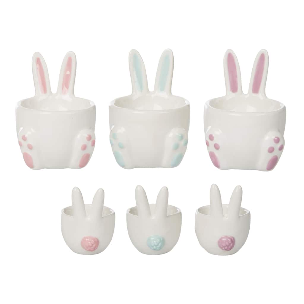 Transpac Ceramic White Easter Bunny Large Ear Egg Holder w/Real Pom Pom Tail Set of 3 Home Decorations