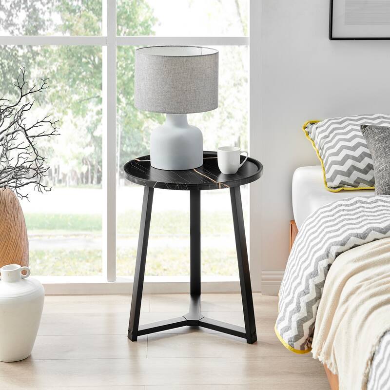 Harper Round Raised Lip Edge Side Accent Table with Mid-century Modern Crossed Metal Bold Pedestal Legs