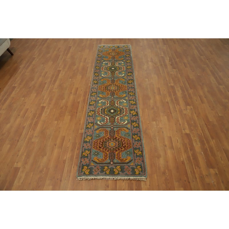 Hand Knotted Oriental 100% Wool Carpet Traditional Geometric Green Kazak Runner Rug - 10' 1'' X 2' 5''